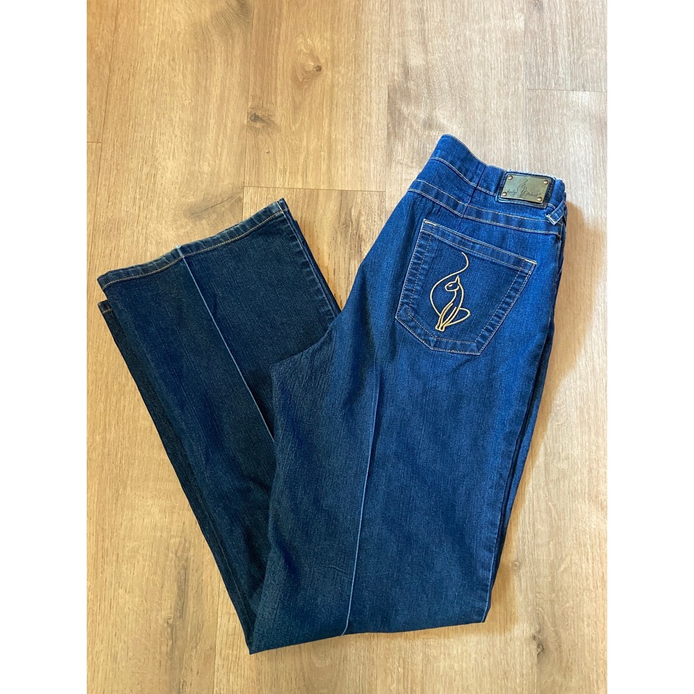 Y2K Baby Phat Flare Jeans Sz 20 Dark Wash Gold Cat Logo McBling High Rise Denim